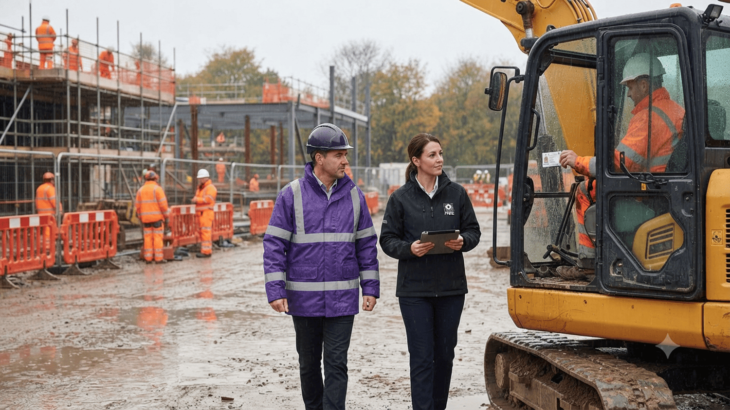 HSE inspector reviewing site safety and worker competence cards on a UK construction site during autumn
