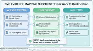 A clear infographic showing the three-step process of linking NVQ unit criteria to specific construction site evidence and explaining the rationale for the assessor.