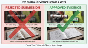 Side-by-side comparison of rejected blurry NVQ evidence versus approved clear photographic and written evidence.