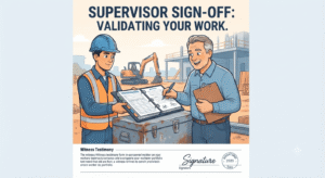 An illustrative guide showing a construction site supervisor completing a witness testimony form for an NVQ candidate, detailing the key sections like name, date, and specific work activities observed.