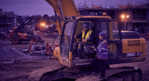 Construction plant assessor evaluating an operator on a tracked excavator during an on-site practical assessment on a UK site.