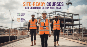 A construction worker taking the mandatory CITB touch screen theory test on a computer as part of their site-ready certification.