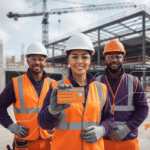 Three construction workers with PPE at a building site, holding a compliance card to illustrate site-ready certification