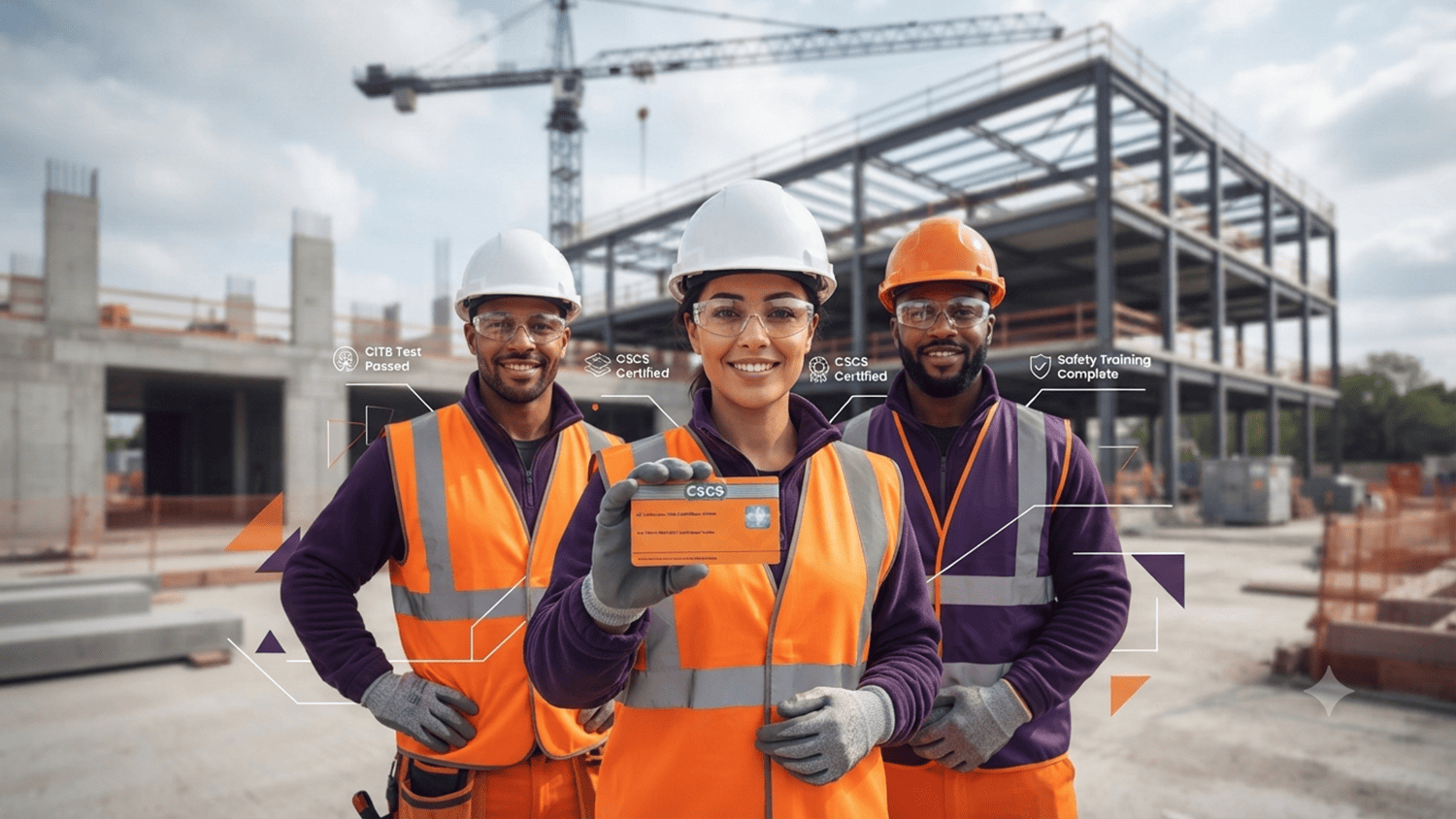 Three construction workers with PPE at a building site, holding a compliance card to illustrate site-ready certification