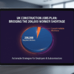 Infographic displaying the UK construction jobs plan and the 206,000 worker shortage on a tablet screen