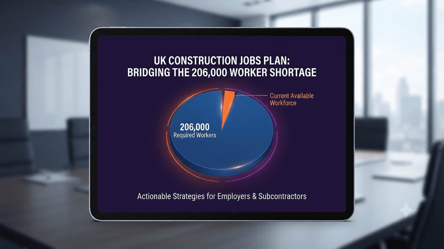 Infographic displaying the UK construction jobs plan and the 206,000 worker shortage on a tablet screen