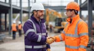 Two UK construction workers in high-vis gear shaking hands on a building site to represent compliance and site-ready certification.