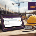 A tablet showing a CITB health safety and environment test question alongside a construction hard hat, gloves, and CSCS card on a wooden workbench.