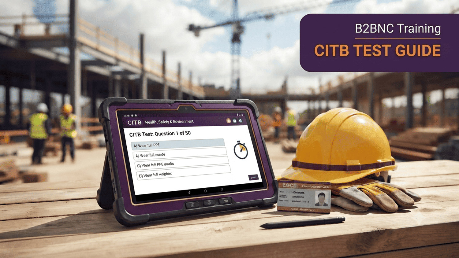 A tablet showing a CITB health safety and environment test question alongside a construction hard hat, gloves, and CSCS card on a wooden workbench.