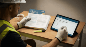 A construction worker using official CITB revision books and an iPad app to study for the health safety and environment test.