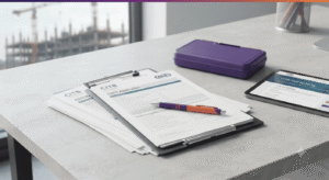 Stack of CSCS and CITB compliance application forms and documentation on a desk with a purple storage case