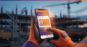 Construction worker checking digital CSCS card verification on a mobile app on site