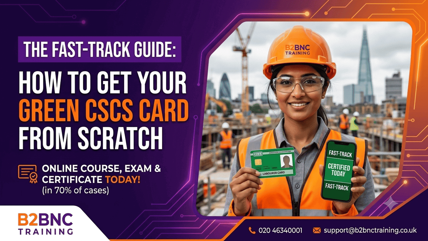 Construction worker holding a Green CSCS Card and smartphone after completing fast-track Level 1 eLearning training with B2BNC Training
