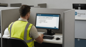 A candidate taking the official CITB health safety and environment test on a computer at a Pearson VUE test center workstation.