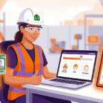 A modern illustration featuring a construction worker completing a Level 1 Health and Safety eLearning course on a laptop, alongside a digital CSCS Green Labourer Card and passed certificate.