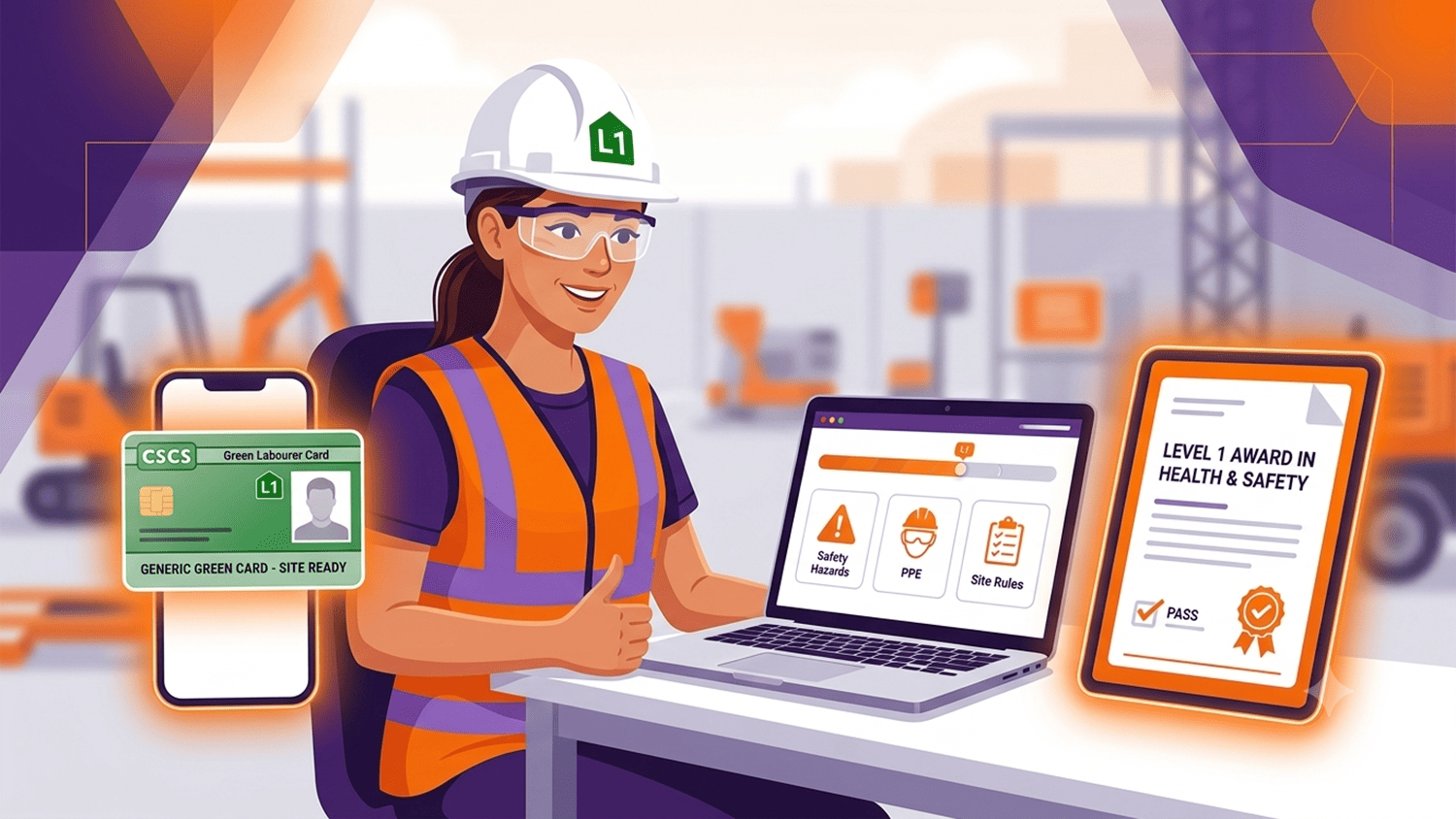 A modern illustration featuring a construction worker completing a Level 1 Health and Safety eLearning course on a laptop, alongside a digital CSCS Green Labourer Card and passed certificate.