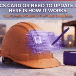 Orange construction hard hat with a digital holographic ID card and a purple storage case on a construction site background