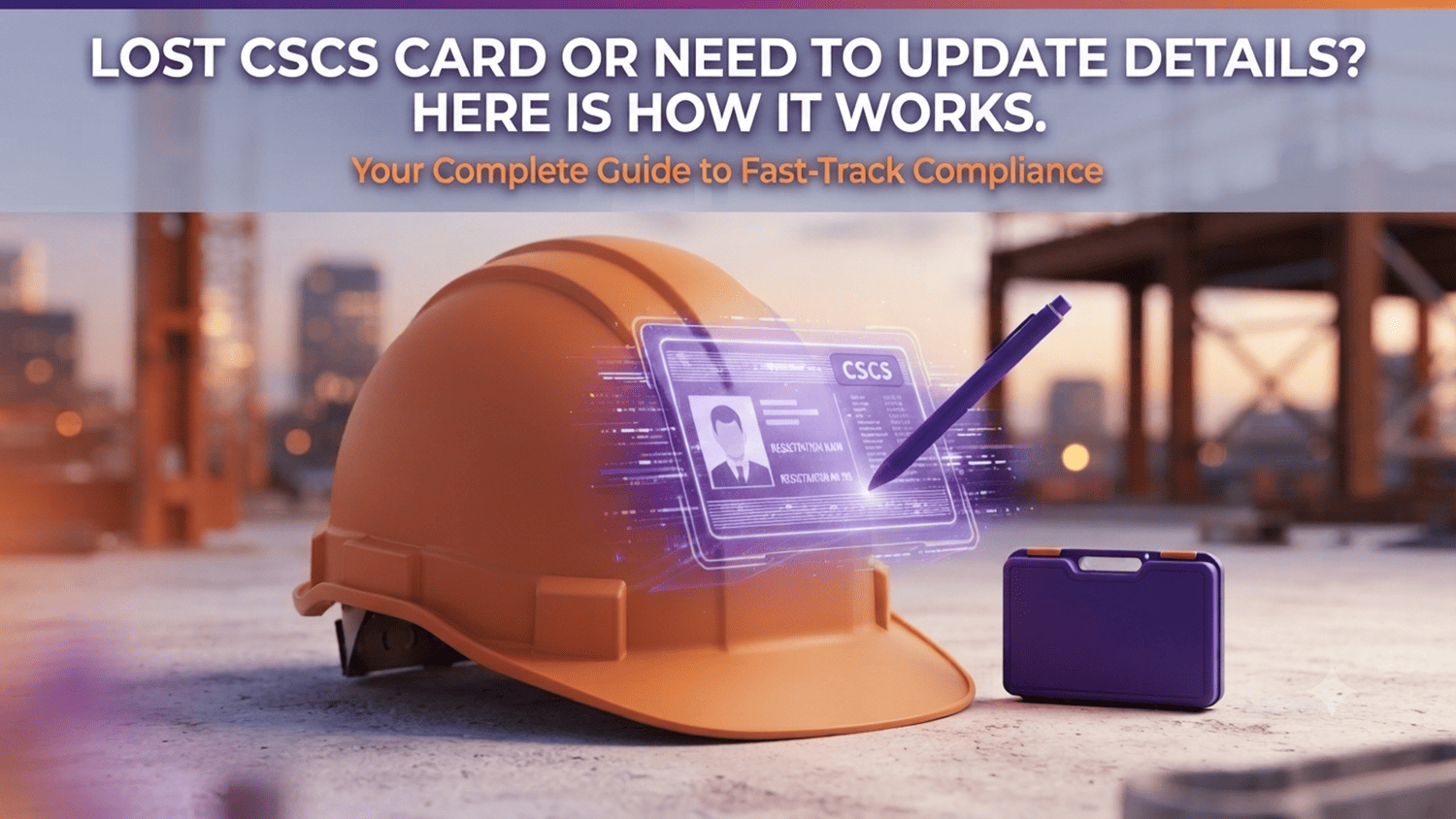 Orange construction hard hat with a digital holographic ID card and a purple storage case on a construction site background
