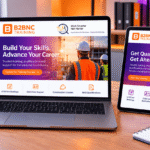 Tablet and laptop displaying the B2BNC Training and TLM online Level 1 labourer course exam with a safety hard hat and Green CSCS card.