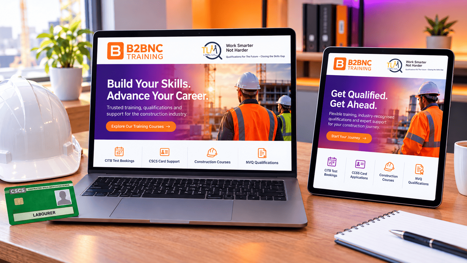 Tablet and laptop displaying the B2BNC Training and TLM online Level 1 labourer course exam with a safety hard hat and Green CSCS card.