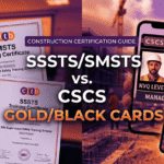 Comparison guide featuring SSSTS and SMSTS training certificates next to CSCS Gold Supervisor and Black Manager cards in corporate orange and purple branding.