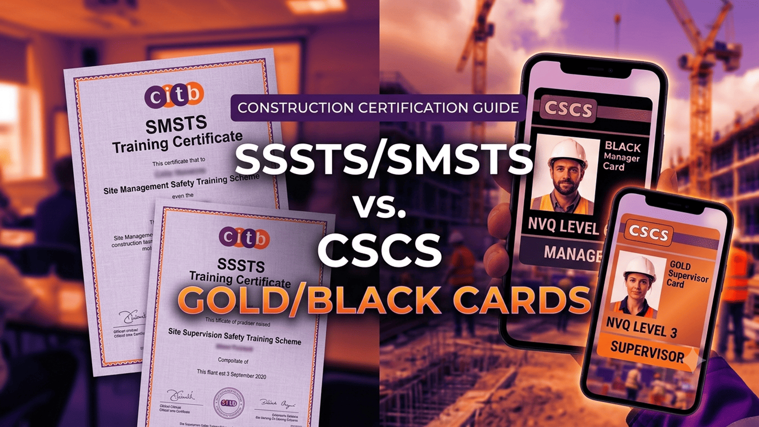 Comparison guide featuring SSSTS and SMSTS training certificates next to CSCS Gold Supervisor and Black Manager cards in corporate orange and purple branding.